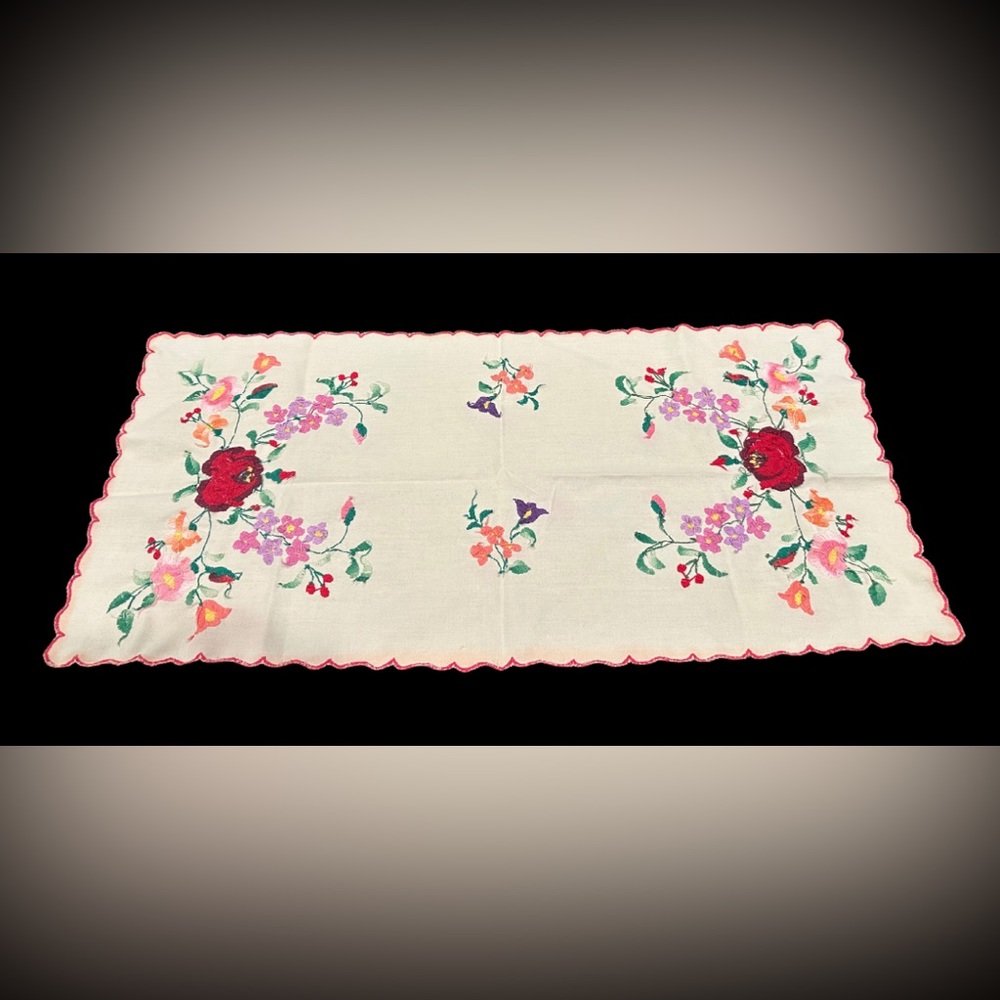 Vintage Hungarian Floral Embroidered Table Runner